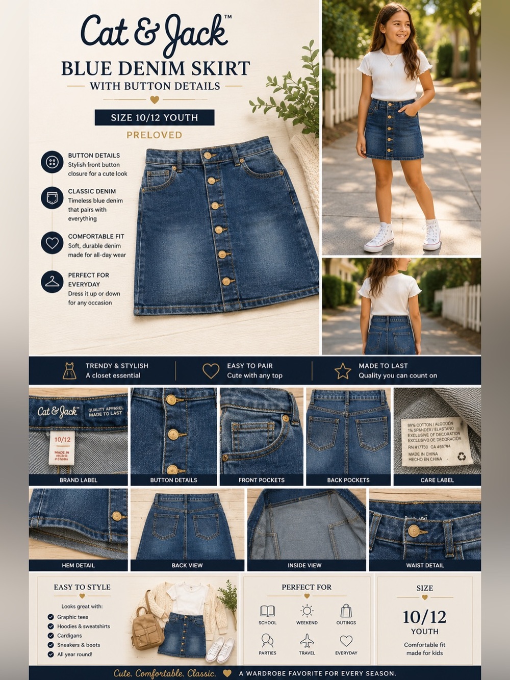 Cat & Jack Blue Denim Skirt with Button Details Preloved Size 10/12 Youth